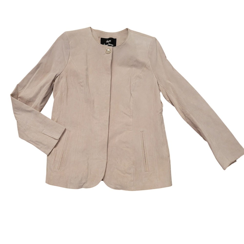 Dennis Basso M Jacket Tan Suede Leather Button Front Jacket Granola Earthy Boho